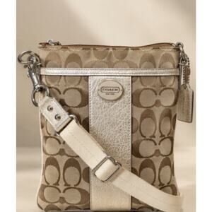 Coach Signature Stripe Swingpack Crossbody Bag Khaki Cream Jacquard
